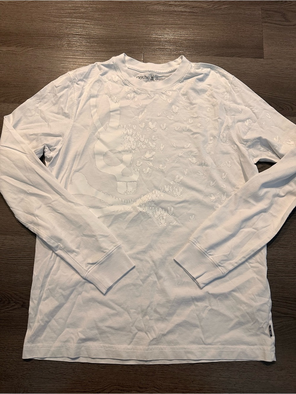 Psycho Bunny White Long-Sleeve Crewneck with Tonal Skull Graphic